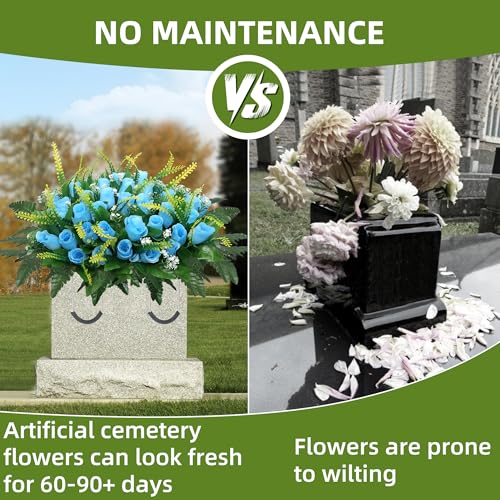 Cemetery Headstone Flower Saddle, Blue Silk Roses, 19x9x27 Inches, 1 Piece, Traditional Elegant Style, Artificial Grave Flowers, Grave Tombstone Decorations - color: Blue