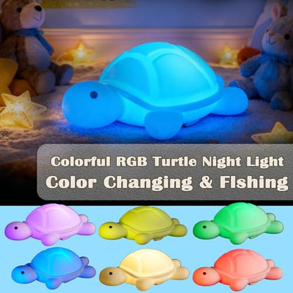 Turtle Night Light, Sea Turtle Gifts, Cute Soft Silicone Squishy LED Lamp with 7 RGB Colors, Dimmable, Timer, Touch Control, Living Bedroom Decor - style: Turtle