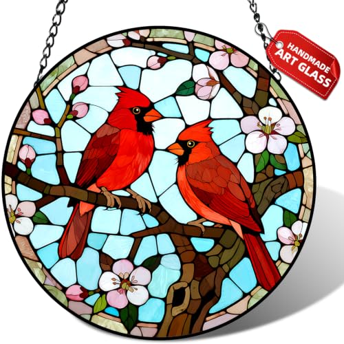 Cardinal Pair Stained Glass Suncatcher Window Hanging Bird Memorial Gift - color: Cardinals, size: 7.8x7.8 IN