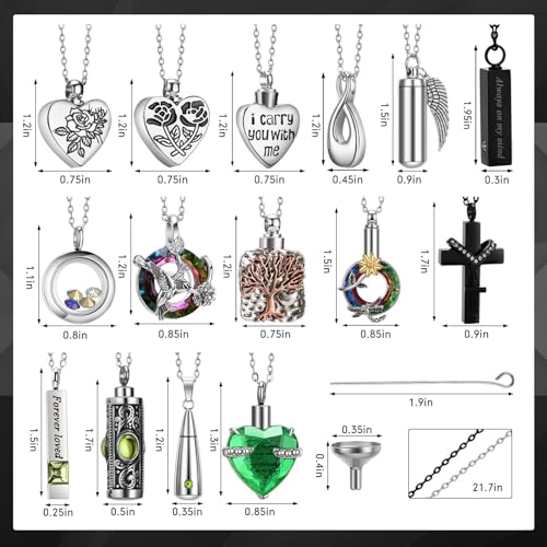 15 Pcs Urn Necklace for Ashes Women Keepsake Cremation Jewelry Stainless Steel Cross Heart Cubic Locket Ashes Necklace for Human Loved One - color: Green