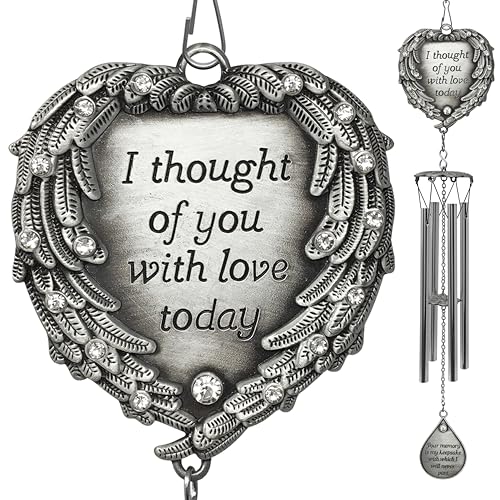 Memorial Wind Chimes Outdoor – Sympathy Gift Loss of Loved One – I Thought of You with Love Today Poem – Angel Wings Heart Teardrop Charm – in Loving Memory Wind Chime - 23 Inch