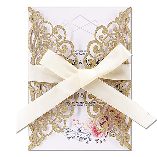 50Pcs Laser Cut Wedding Invitation With Glitter Envelopes And Ribbons Blank Personalized Card Invitaciones Para quinceañera Birthday Baby Shower Christmas Party Bridal Shower (Gold) - color: Gold
