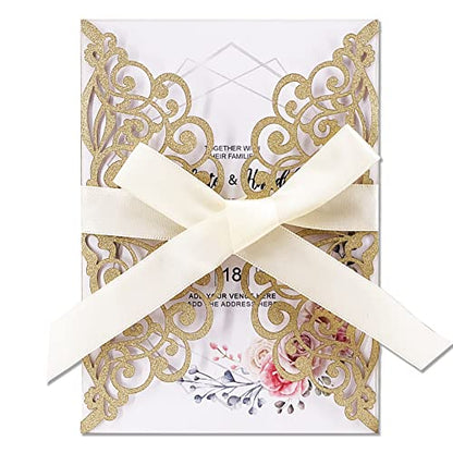 50Pcs Laser Cut Wedding Invitation With Glitter Envelopes And Ribbons Blank Personalized Card Invitaciones Para quinceañera Birthday Baby Shower Christmas Party Bridal Shower (Gold) - color: Gold