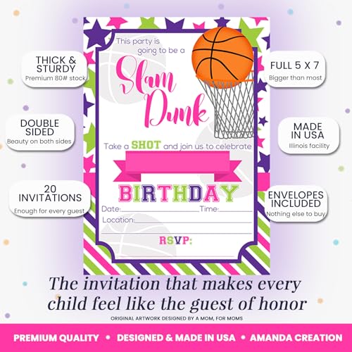 Amanda Creation Basketball Birthday Invitations Girls, 20 Pack 5x7 Basketball Invitations for Birthday Party Girl with White Envelopes, Pink Slam Dunk Theme - style: Slam Dunk Basketball Girl
