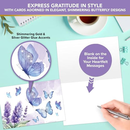 Decorably 24 Pack 6x4in Enchanting Glittery Butterfly Blank Cards | Envelopes & Stickers, 12 Enchanting Butterfly Designs for Family & Friends, Blank Inside - Birthdays, Weddings, Gifting