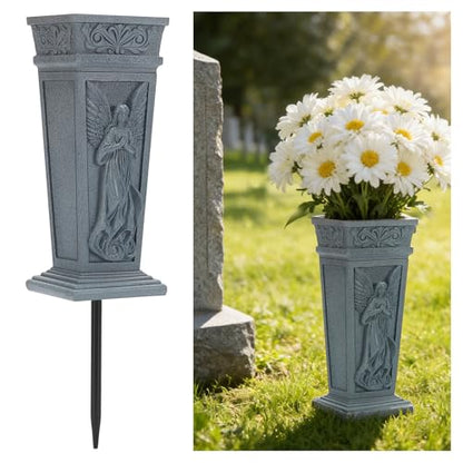 2Pcs Cemetery Flowers Vase, Angel Carving Cemetery Vase Memorial Grave Vases Resin Flowers Holder for Headstone Mausoleums Garden Lawn Yard Outdoor Decorations, Gray