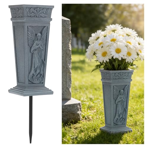 2Pcs Cemetery Flowers Vase, Angel Carving Cemetery Vase Memorial Grave Vases Resin Flowers Holder for Headstone Mausoleums Garden Lawn Yard Outdoor Decorations, Gray