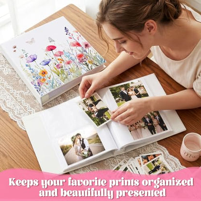 Dunzoom Wildflower Photo Album Mother's Day Souvenirs Gifts 200 Pcs 4 x 6 Inch Leather Floral Botanical Design Memory Book for Women Couples Wedding Anniversary Hardcover Scrapbook Album - style: Wildflowers