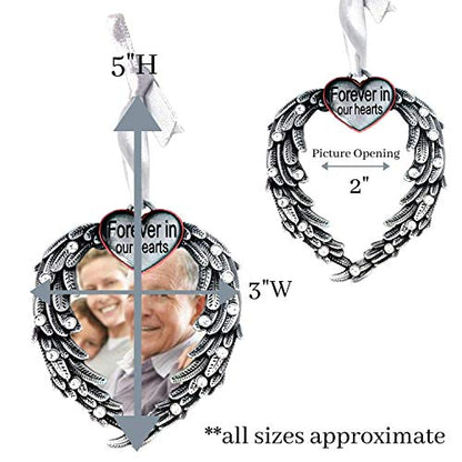 Memorial Photo Ornament for Loss of Loved One, Forever in Our Hearts Silver Heart Ornament with Angel Wings, Personalized Picture Memorial Christmas Ornament, Sympathy Gift, 3 Pack with Storage Bag