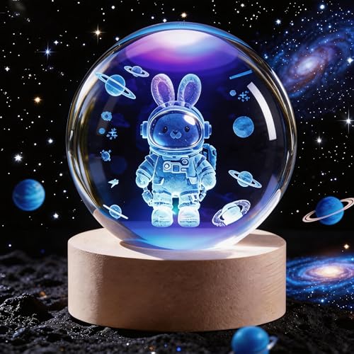 Easter Bunny Lamp, 3.15 Inch K9 Crystal Ball Space 3D Astronaut Rabbit Night Light with Wooden Base, 8 Color Changing LED Night Light, Perfect Birthday Christmas Gift for Home Office Decoration - size: 3D Astronaut Bunny