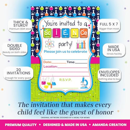 Mad Science Theme Kids Birthday Party 20 Invitations 5x7 Fill-In Cards with Envelopes, Experiment Fun Educational Lab Design for Children Celebration, Made in USA by Amanda Creation - style: Science