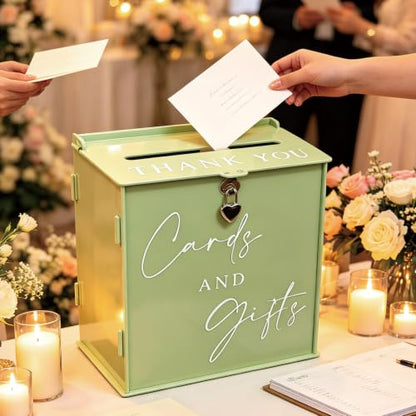 Acrylic Card Box with Lock & Slot, Sage Green Money Gift Card Box for Wedding Reception, Cash Envelope Box Ideal for Graduation Bridal Baby Shower Engagement & Anniversary Party Supplies - color: Sage Green