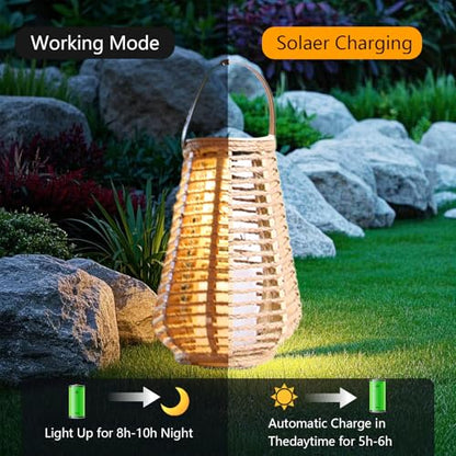 Hanging Solar Lanterns Outdoor Waterproof, Hand-Woven Hemp Rope,10x5.5 Inch