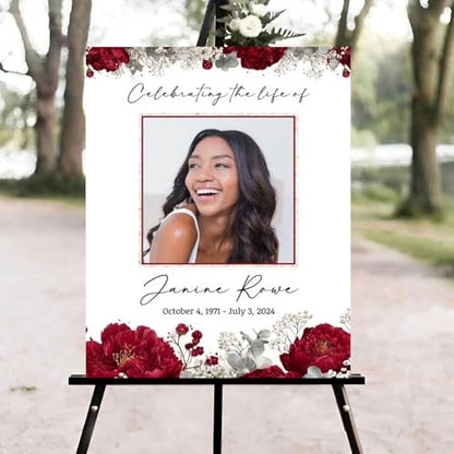 Red and White Flowers Funeral Welcome Sign, Celebration of Life Welcome Sign, in Loving Memory Sign, Celebration of Life Funeral Sign, Celebration of Life Sign, Memorial Sign with Photo #vd12 - color: Version #11
