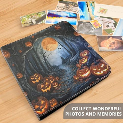 JIPONI Halloween Lane Large Photo Album, DIY Leather Cover Scrapbook Albums for 4x6 5x7 6x8 Pictures, Self Adhesive Memory Book for Wedding, Baby, Family - color: Halloween