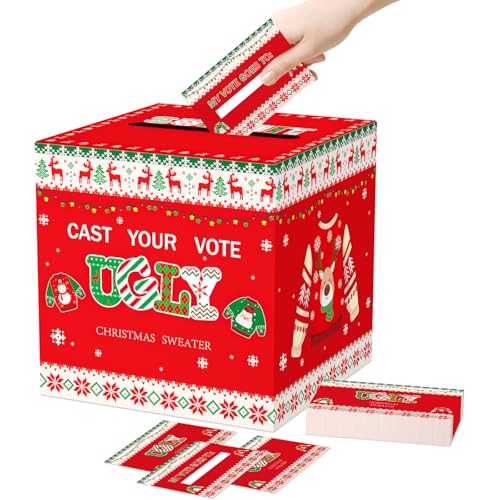 WNINK Christmas Red Ugly Sweater Cards Box, Ugly Sweater Contest Ballot Box Set with 50 Voting Cards for Christmas Party Games Decorations - color: Red