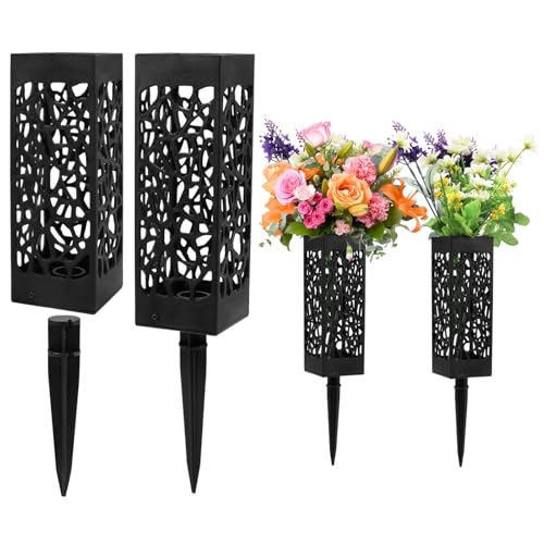 Cemetery Vases for Grave, 4 Pack 12 inch Memorial Cemetery Floral Holder Grave Vase in Ground, Floral Vase Cones with Stake & Drainage Holes for Gravestone Grave Yard Decoration