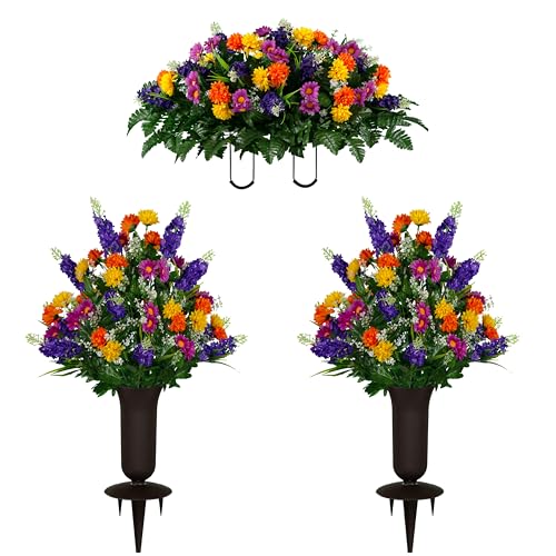 Sympathy Silks® Artificial Cemetery Flowers - Realistic Wildflower Outdoor Grave Decorations - Non-Bleed Colors, and Easy Fit - Two Purple Violet Bouquets and One Purple Violet Saddle - color: Purple Violet, size: Saddle-2 Bouquets & 2 Vases