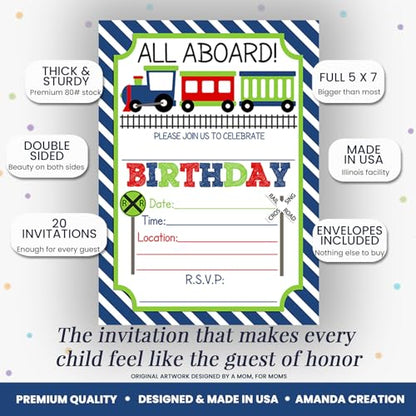 Train Birthday Party Invitations for Boys, 20 5x7 Fill In Cards with Twenty White Envelopes by AmandaCreation - style: Train