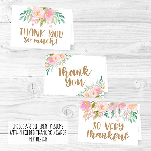 24 Bulk Thank You Cards with Envelopes Blank Cute Thank You Cards | Floral Pink 6 x 4 Appreciation Card for Weddings, Valentines, Anniversary, Small Business, Party Guests, Engagement & Funeral - color: Floral Pink Blush 24 pcs