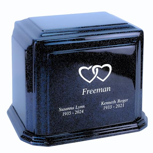 Custom Engraved Arch Cultured Marble Urn for Two - Indigo - Companion Sized Cremation Urns for Human Ashes - Blue - Ground Burial, Home Memorial and Funeral Cremation Urn - color: Indigo