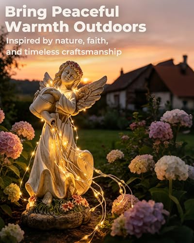 Solar Angel Statue, Warm Light Resin Garden Decor, 10 Inch | Hand-Painted, Weatherproof, Soft Warm Flowing Light, Gift for Women, Peaceful Accent