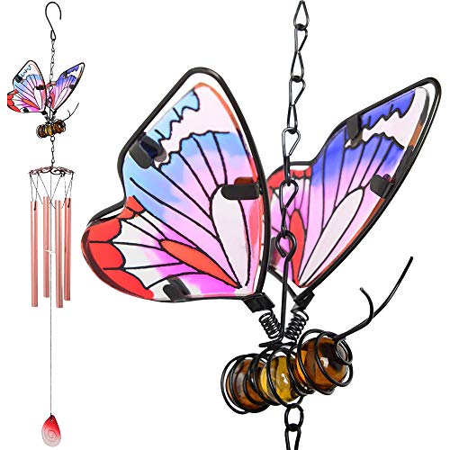AVEKI Iron Stained Glass Butterfly Wind Chimes - 27.5''H, Pink, Indoor/Outdoor, Home, Garden, Window, Yard, Patio, Lawn Decoration - color: Pink