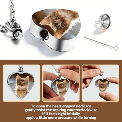 QYH Personalized Pet Ashes Necklace with Custom Photo and Engraving | Heart-Shaped Urn Pendant – Cremation Jewelry Keepsake for Dog and Cat Ashes, a Meaningful Memorial Gift for Pet Lovers - style: Cat Urn