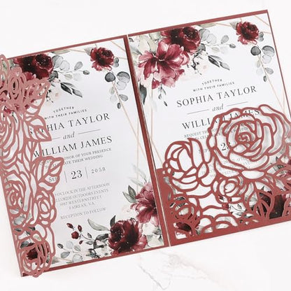 50pcs Tri Fold Wedding invitations Rose Hollow Laser Cut 5x7 '' Burgundy | Blank Wedding Invitation Cards with Envelopes and RSVP Card for Anniversary Engagement Bridal Shower Quinceanera Party Invite - color: Burgundy