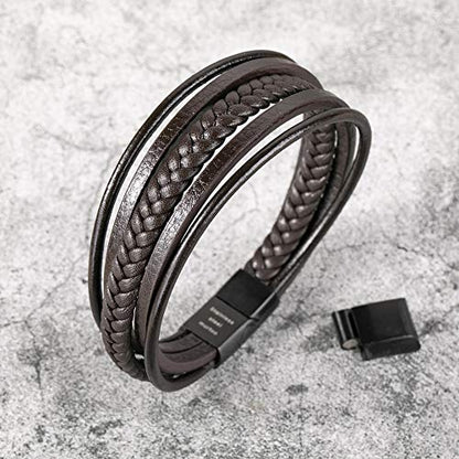 Mens Leather Bracelet with Clasp Cowhide Multi-Layer Braided Leather Mens Bracelet - style: brown leather&black clasp&9.2