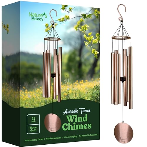 Nature’s Melody Aureole Tunes Wind Chimes – Outdoor Windchime with 6 Tubes Tuned to B Pentatonic Scale, 100% Rustproof Aluminum, Powder Finish & S Hook Hanger for Sympathy, Memorial Gift or Zen Garden - color: Rose Gold, size: 28"