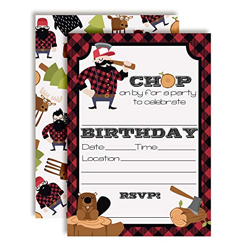 Lumberjack Chop On By Themed Birthday Party Invitations, 20 5x7 Fill In Cards with Twenty White Envelopes by AmandaCreation - style: Lumberjack Chop On By