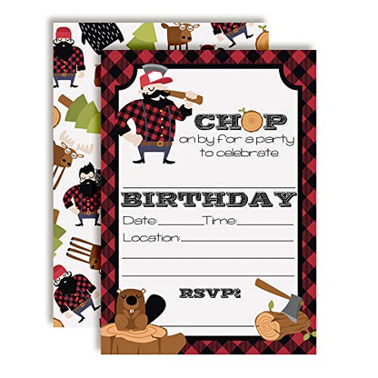Lumberjack Chop On By Themed Birthday Party Invitations, 20 5x7 Fill In Cards with Twenty White Envelopes by AmandaCreation - style: Lumberjack Chop On By