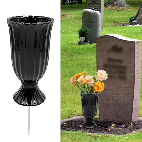 Cemetery Vase for Grave Decorations with Metal Spike, Black Ceramics Cemetery Vase Decorations for Grave, Memorial Grave Markers, Graveside Decor Sign for Grave Outdoor Yard Lawn