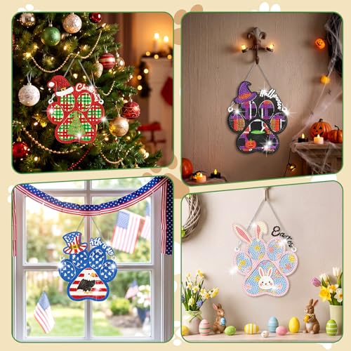 Cinnvoice Seasonal Diamond Art Hanging Kit,12 Pcs,Dog Paws | 12 Pcs,Dog Paws, Holiday Diamond Art Hanging Ornaments, Cute Month Door Sign, Crystal Suncatcher, for Door Window Wall Decor - style: Dog Paws