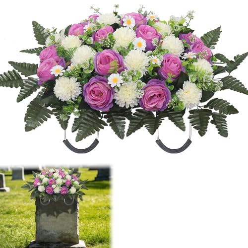 Wocst Cemetery Flowers for Graves Cemetery Saddles for headstones Silks Grave Roses for Outdoor Grave Decorations Weatherproof,NO-Fading - color: Purple Red
