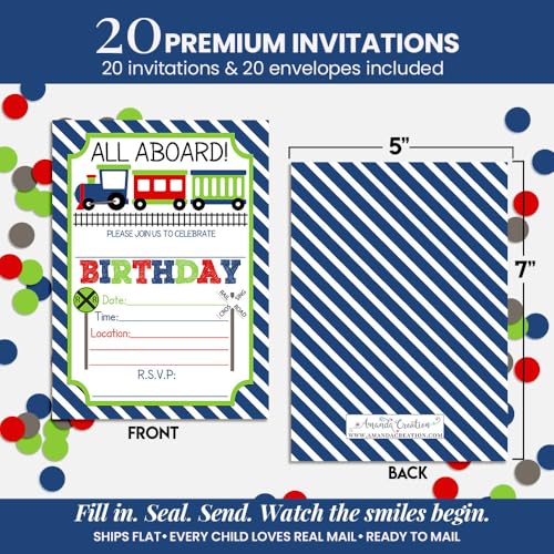 Train Birthday Party Invitations for Boys, 20 5x7 Fill In Cards with Twenty White Envelopes by AmandaCreation - style: Train