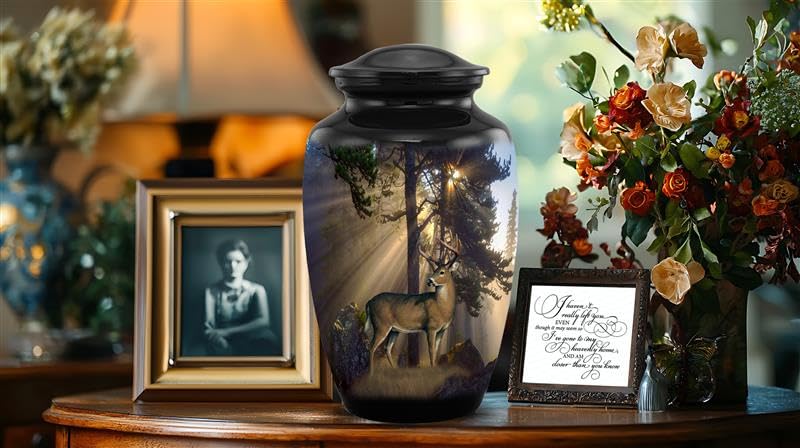 Gone Hunting Deer Cremation Urn with Sunrays – Majestic Buck Memorial Urn for Human Ashes – Handcrafted Full Size Adult Funeral Urn up to 200 lbs with Velvet Bag (Large) - size: Adult