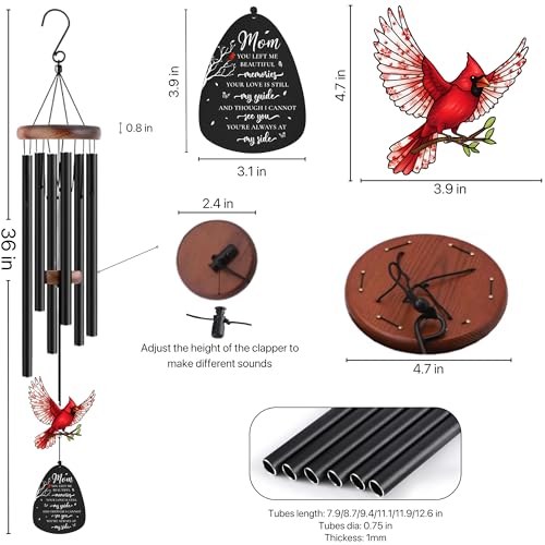 Memorial Wind Chimes for Loss of Mother, Sympathy Gifts for Loss of Mother - 36'' Red Cardinal Wind Chimes for Outside with Mute Option, Gift for Someone Who Lost Their Mom, in Memory of Mom