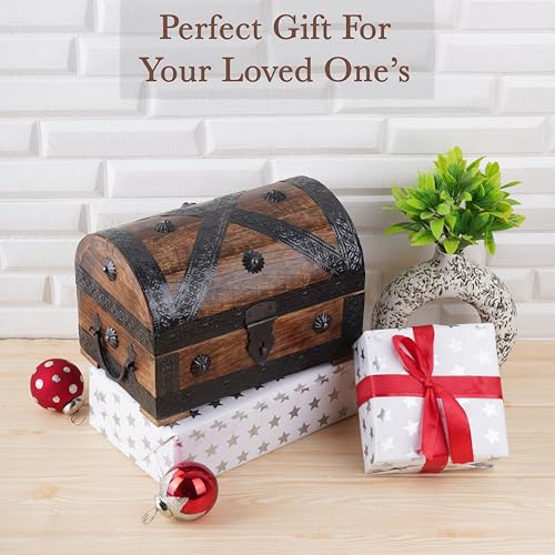 Ajuny Wooden Pirate Treasure Chest Jewelry Box Keepsake Organizer with Lock