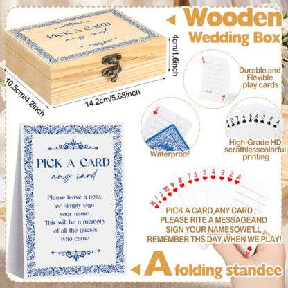 AceOrbit 57 Pack Blue Wedding Guest Book Playing Cards Set with Wooden Box - color: Blue, style: Classic