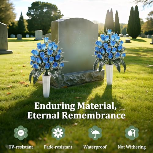 Lewondr Artificial Cemetery Flowers with Vase for Grave, Blue Roses, 2 Pack - color: Blue