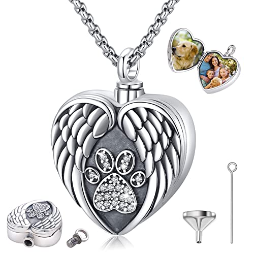 Eusense Cremation Jewelry for Ashes Urn Necklace to Put Ashes In 925 Sterling Silver Memorial Pendant Heart Urn Necklaces for Ashes Necklace for Women Men - style: E-Paw Print Urn Necklace & Picture Locket Necklace