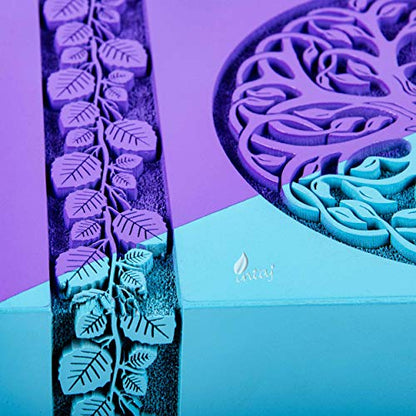 Wooden Urn for Human Ashes, 115 Cu in, Medium, Blue & Purple | Hand-carved wood, blue and purple, screw-locked sliding base, engraving available, holds up to 115 lb - color: Blue & Purple, size: Small - 8Hx4.75W (115 Cu/In)