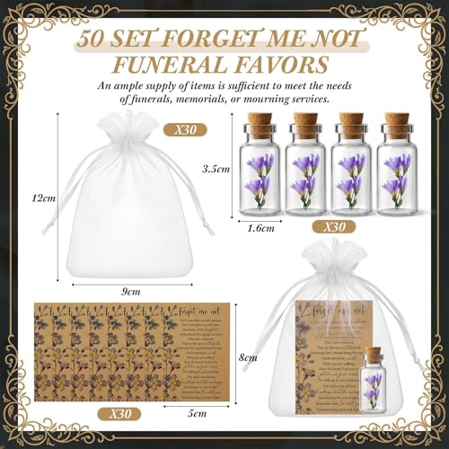 30 Set Funeral Favors, Mini Glass Bottles with Forget-me-not Dried Flowers, Sympathy Cards and Gift Bags, Memorial Gift Set for Guest Remembrance Keepsakes Celebration of Life Favors