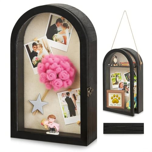 11x16 Shadow Box Frame with Plexiglass, Deep Shadow Box Frame with Linen Back and Removable Shelves,Wood Glass Display Case for Medals, Photos, Memorabilia, Awards,4" Depth (Black) - color: Black