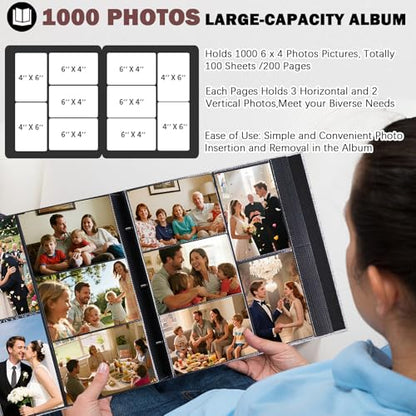 Ruibytree Extra Large Linen Photo Album 4x6 Pictures 1000 Pockets, Grey | Hardcover, Fits Horizontal & Vertical 4x6 Photos, Removable Acid-Free Pages, Front 4x6 Window, for Family, Wedding & Travel - color: Grey