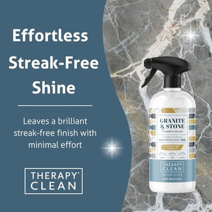 Therapy Granite & Stone Cleaner and Polish, pH Neutral, Marble & Quartz | Includes microfiber cloth. Safe for granite, marble, quartz, soapstone, slate, limestone, corian & laminate. Two 16oz - style: Granite Cleaner 16 oz. (Pack of 2 with Microfiber)