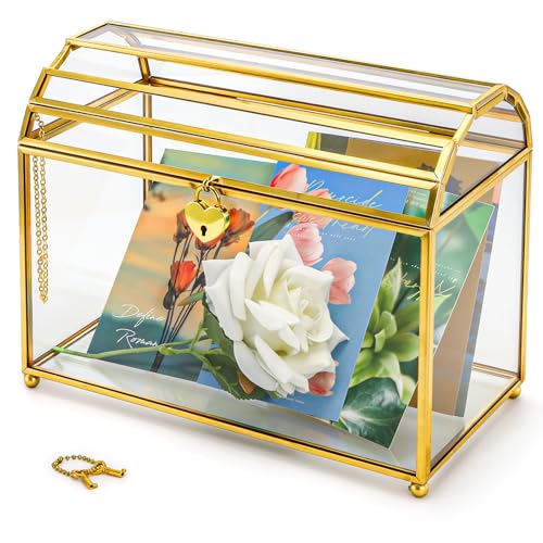 Cedilis Glass Wedding Card Box with Slot and Lock, 10 x 7.9 x 5.5 Inches Gold Clear Decorative Wedding Envelope Card Holder for Reception Birthdays Party, Bridal Shower, Graduation