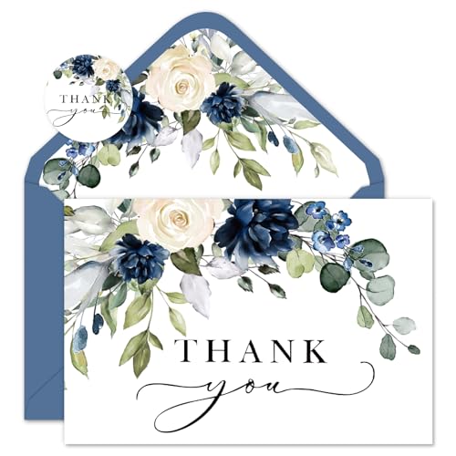 JarThenaAMCS 50 Pack Floral Thank You Cards Bulk Blue Flower Greeting Cards with Envelopes Stickers Boxed Blank Note Card for Wedding Bridal Baby Shower Birthday, 4 x 6 Inch